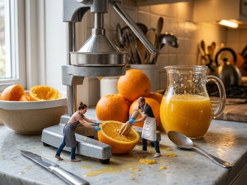 Mini cocineros exponen su trabajo con un exprimidor y naranjas en una cocina