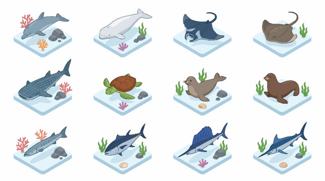 Colorful Isometric Ocean Creatures Collection.