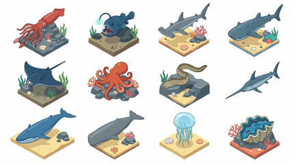 Colorful Isometric Ocean Creatures Collection. © Janji