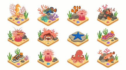 Colorful Underwater Sea Life Isometric Illustration Set. © Janji