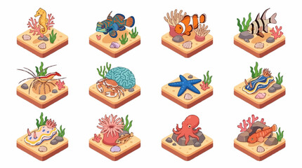 Colorful cartoon sea creatures on isometric coral reefs. © Janji