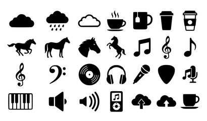 Modern Cloud Cup Horse Music Silhouette Collection with Minimal Black Vector Icons for Creative Designs © MstRAJIA