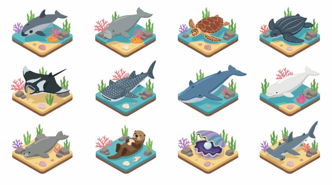 Colorful Isometric Sea Creatures Collection.