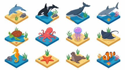 Colorful Isometric Ocean Creatures Collection. © Janji