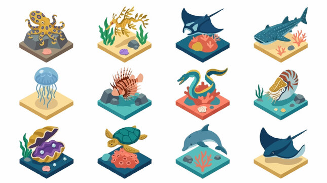 Colorful Isometric Ocean Creatures Collection.