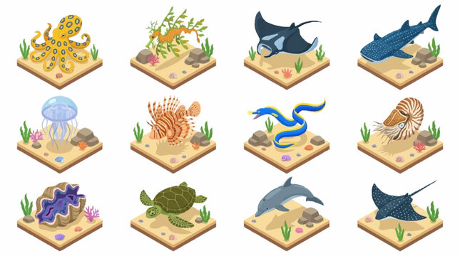 Colorful Isometric Ocean Creatures Collection.