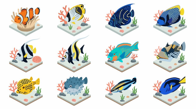 Colorful Tropical Fish Collection in Isometric Style.