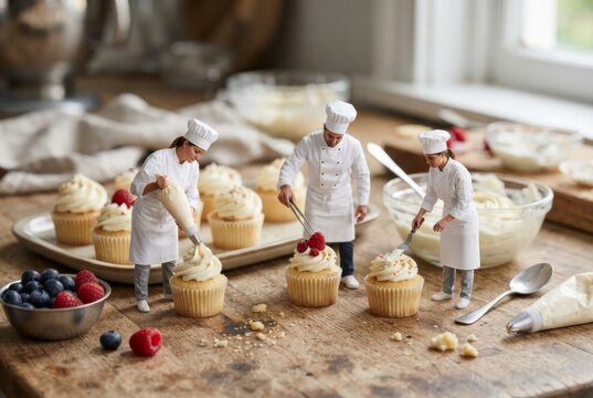 Peque&ntilde;os chefs decoran cupcakes en una mesa de cocina con ingredientes al fondo