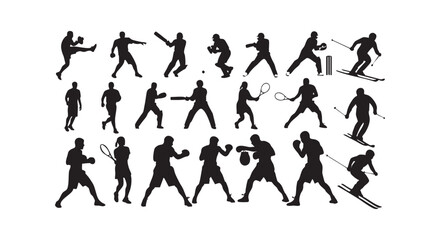 Obraz premium Comprehensive collection of sports silhouettes including tennis cricket boxing and skiing for athletic graphic design needs.
