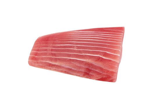 Macro shot blue fin tuna steak isolated on white background. Fresh rare steak close up. Raw bluefin tuna fillet texture. Background fresh tuna meat. Slices of tuna meat.