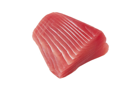 Macro shot blue fin tuna steak isolated on white background. Fresh rare steak close up. Raw bluefin tuna fillet texture. Background fresh tuna meat. Slices of tuna meat.