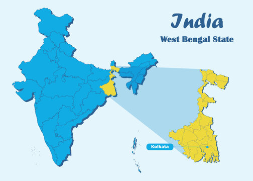 West Bengal state highlighted in yellow in Indian map with editable vector illustration. Political map showing the location of West Bengal with Kolkata marked, suitable for education and travel.
