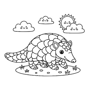 Armadilo Coloring Page for Kids, Cute Cartoon Animal Line Art Illustration