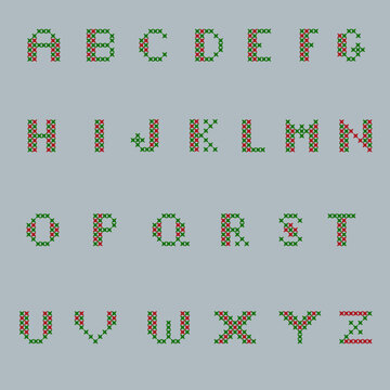 A set of English alphabet letters created in a cross-stitch embroidery style with a red and green color pattern on a light gray background, isolated, high-quality vector illustration.