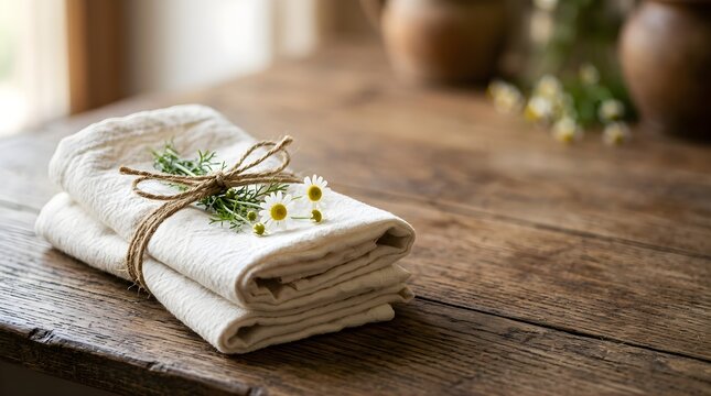 Folded white linen napkin decorated with chamomile flowers on wood table