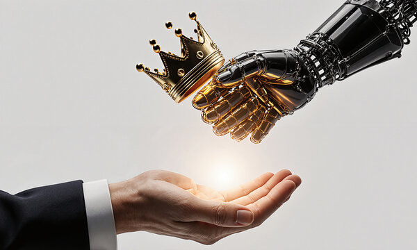 Tactical Reverence Scene A glowing wire hand lifts a king with reverent motion as a warm palm bows beneath, centered