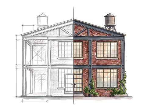 Sketch to full color, Architectural sketch comparison of industrial loft building