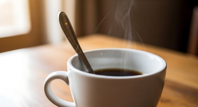 Close-Up of Coffee Mug With Steam Rising on Wooden Table.