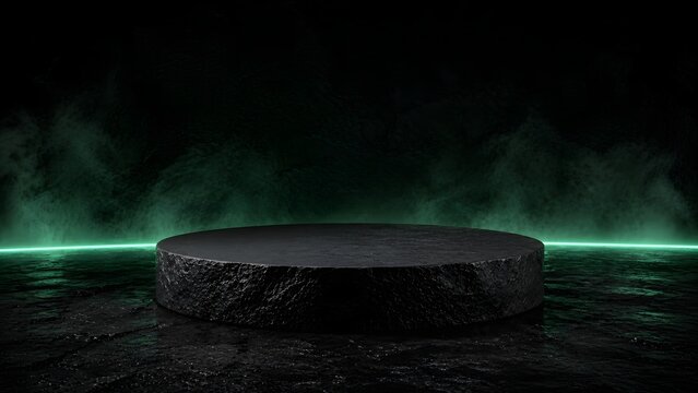 Hyper realistic commercial studio matte black volcanic stone podium illuminated by a single soft emerald neon strip