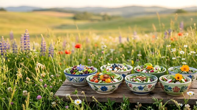 Fresh healthy salad bowls on a wooden table in a blooming summer field