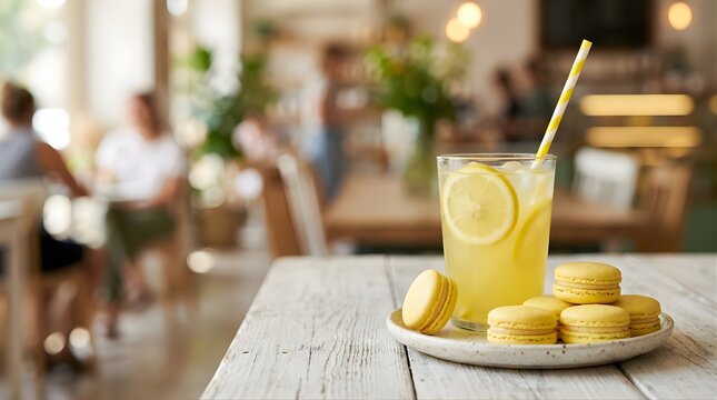 Fresh Lemonade and Yellow Macarons on a Table in a Sunny Cafe