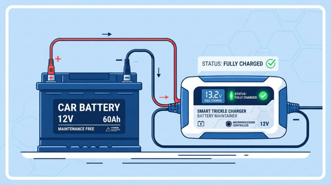 Illustration showing a twelve volt automotive battery connected to a smart trickle charger with a status indicator with charger indicating fully