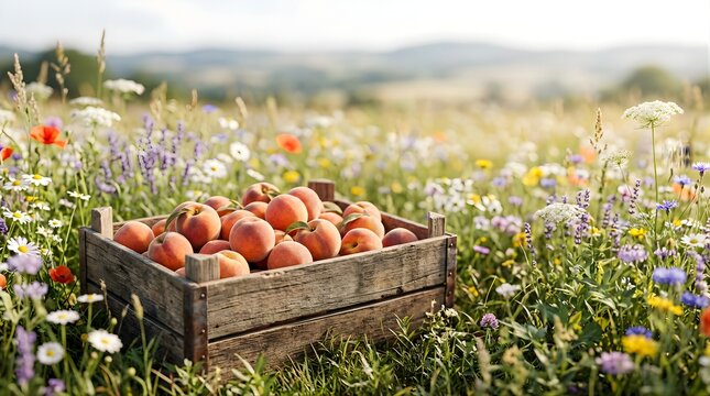Fresh peaches in a wooden crate placed in a summer meadow with flowers