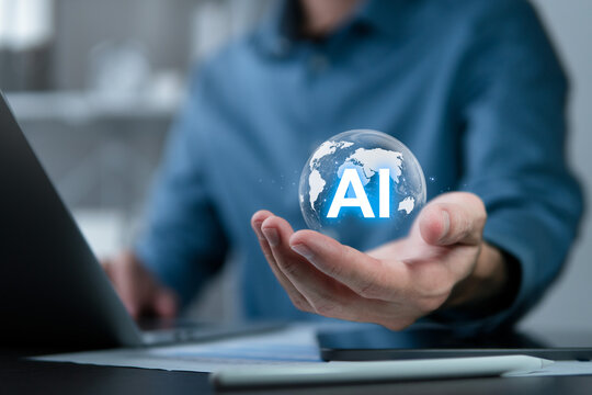 AI. Man uses a laptop and AI Artificial Intelligence technology for data analysis, research, planning, and work generate. Technology smart robot AI agents and agentic workflows.