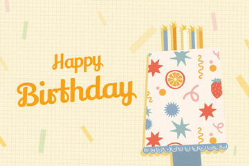 Fototapeta premium Happy birthday celebration with cake, candles, and colorful decorations on a simple background