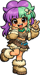 Obraz premium Cute Prehistoric Stone Age Cartoon Cavegirl Mascot Vector Character Illustration | Editable AI Illustrator
