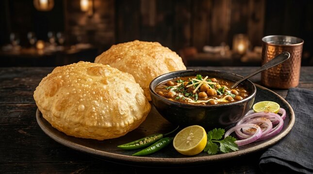 Traditional Indian breakfast of puffy fried bhature and spicy chickpea chole curry served on a rustic plate with onions and lemon