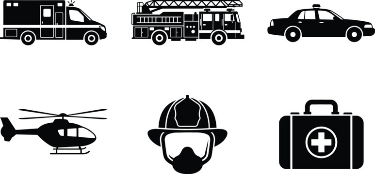 Black Silhouette Construction Machinery Icon Set Featuring Excavator Bulldozer Skid Steer Loader Backhoe Tower Crane and Heavy Dump Truck for Industrial Building Designs