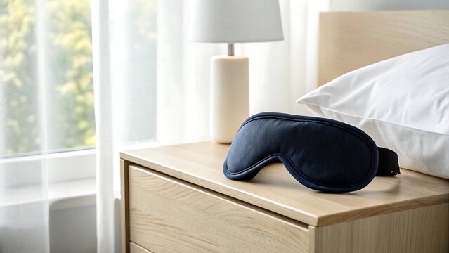 Blue eye sleep mask on wooden bedside table near bed in modern bedroom interior with sleep aid night table nightstand