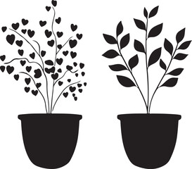 Obraz premium Black potted plants, heart leaf and branch silhouettes, vector icons, floral symbols