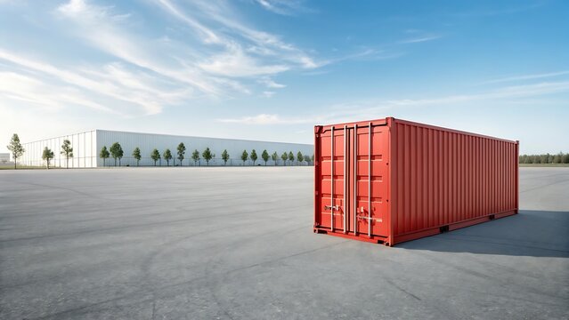 Single red shipping container in large logistics yard with container logistics shipping transport industrial