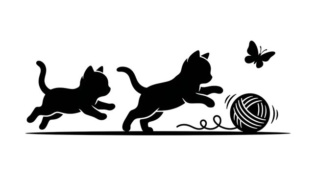 Black kitten chasing a yarn ball with butterfly