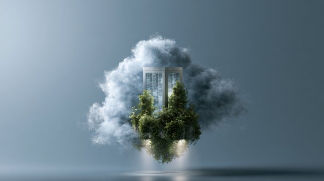 A surreal floating island with trees and windows, emerging from a cloud and propelled by rocket boosters. This artwork evokes a sense of fantasy, innovation, and dreamlike exploration.