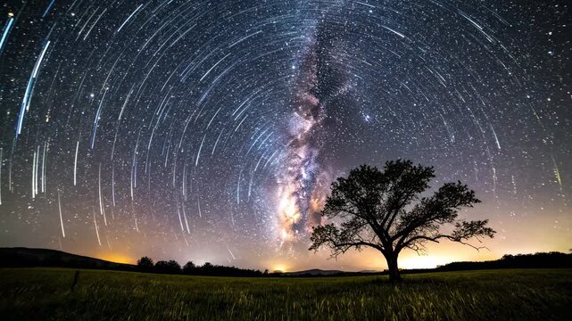 Star trails over a solitary tree in a grassy field under the Milky Way galaxy, astrophotography, night sky, long exposure