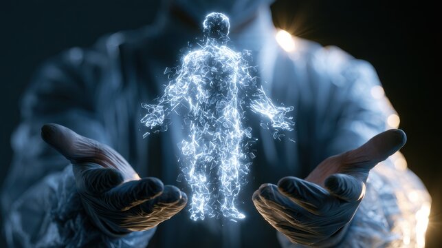 A glowing human figure made of energy hovers between outstretched hands in a dark laboratory setting. The figure is translucent and appears to be composed of swirling blue light and particles.