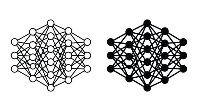Complex neural network connections diagram icon set with connectivity, learning