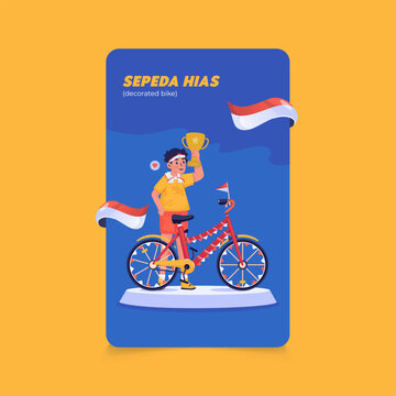 A Boy Lifts a Trophy After Winning Decorated Bike Contest Vector Illustration