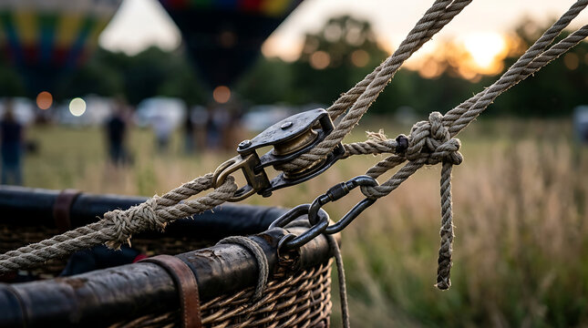 Close-up of a rope and pulley system with carabiners and knots securing a hot air balloon basket for flight