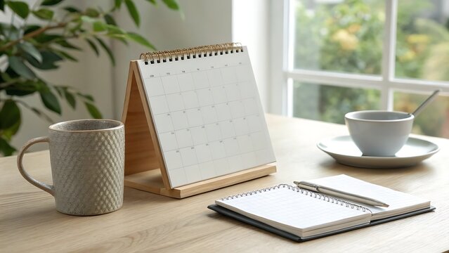 Desk calendar notebook and coffee cup on wooden table calendar notebook planning workplace stationery business