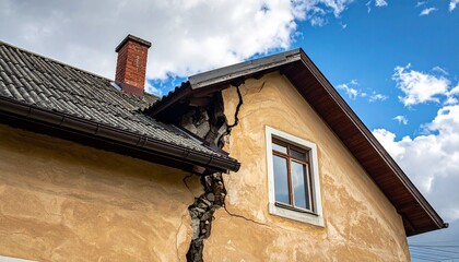 Fototapeta premium Upper house wall with severe vertical crack beneath sloped tiled roof, red brick chimney, single white-framed window, partly cloudy sky, illustrating structural damage and integrity issues.