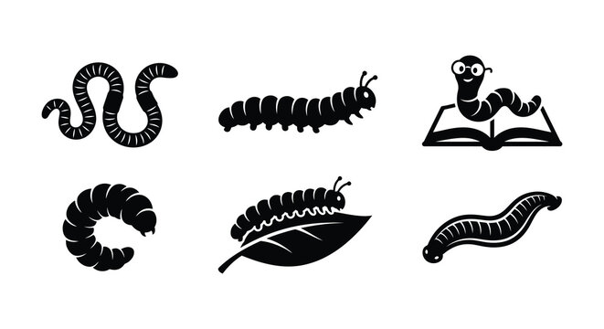 Worm illustrations black line art on a white background