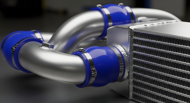 Close-up of a high-performance car intercooler with blue silicone hoses and aluminum pipes, designed for optimal engine cooling and efficiency.