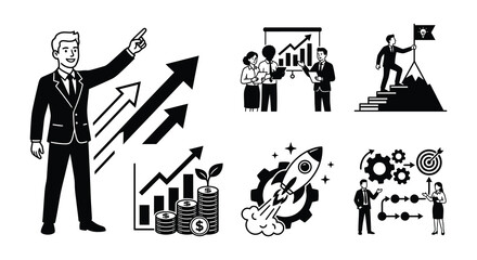 Business growth vector illustrations with people charts and rocket ship © MdNirob