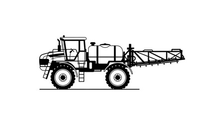 Black silhouette of a large farm sprayer vehicle with vehicle long boom agriculture equipment machinery landscape industry spraying tractor with farming © Asim