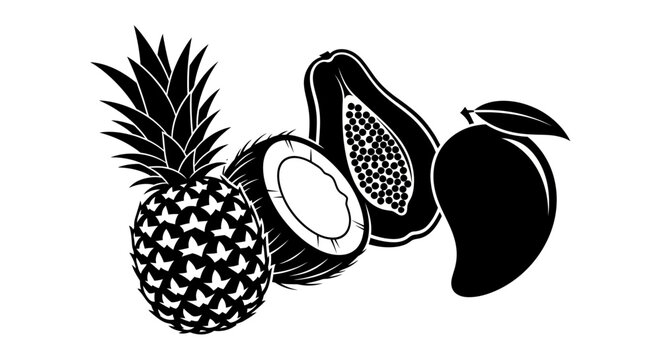 Black and white illustration of tropical fruit with illustration pineapple coconut coconut papaya nutrition healthy eating mango food