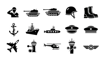 Set of black military icons on white background including army soldier tank warship submarine pilot wings helmet with displays collection military © Asim